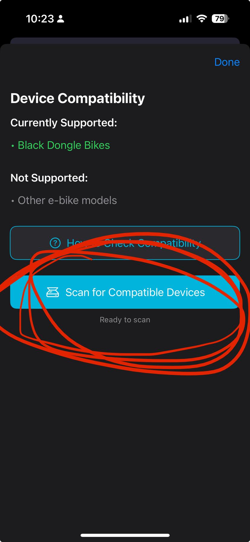 Device compatibility screen showing scan button