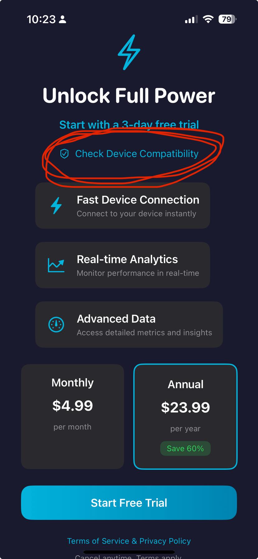 App unlock screen showing compatibility check button